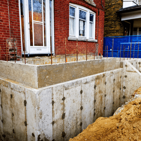 Building a concrete foundation in front of a house for home additions.