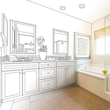 Bathroom-Conversion-1 A sketch of a bathroom featuring a bathtub and a sink, showcasing a simple and functional design.
