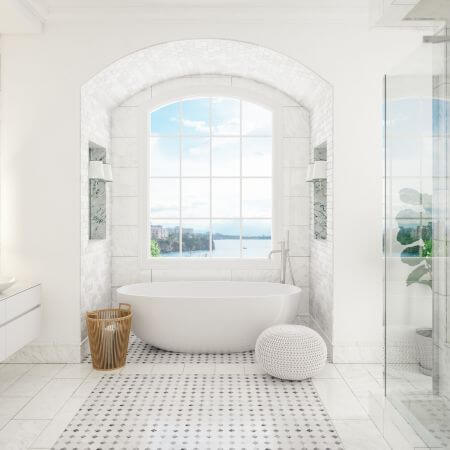 Bathroom-Remodeling-2 A white bathroom with a large window and a tub.